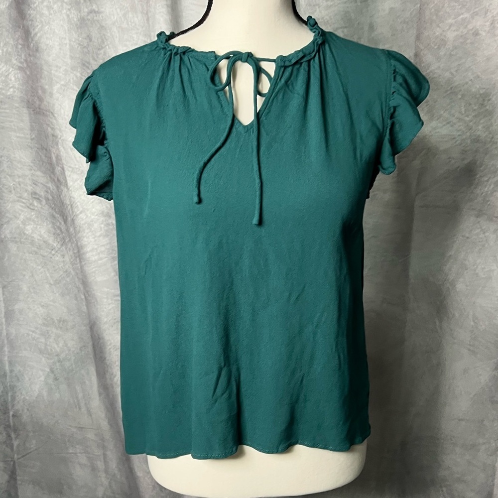 VOY Teal Ruffle Short Sleeve Women's Top with Tie Neck - MED